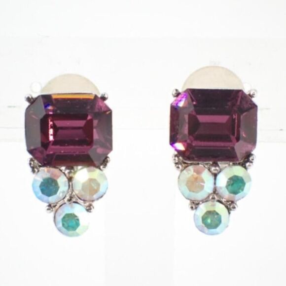 Vintage Givenchy Amethyst & AB Clip-On Earrings – Silver, Signed, Pristine - Picture 1 of 4
